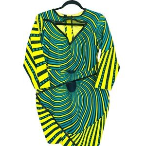 Asymmetrical African Print Yellow & Blue Long Sleeve Dress with Front Cutout